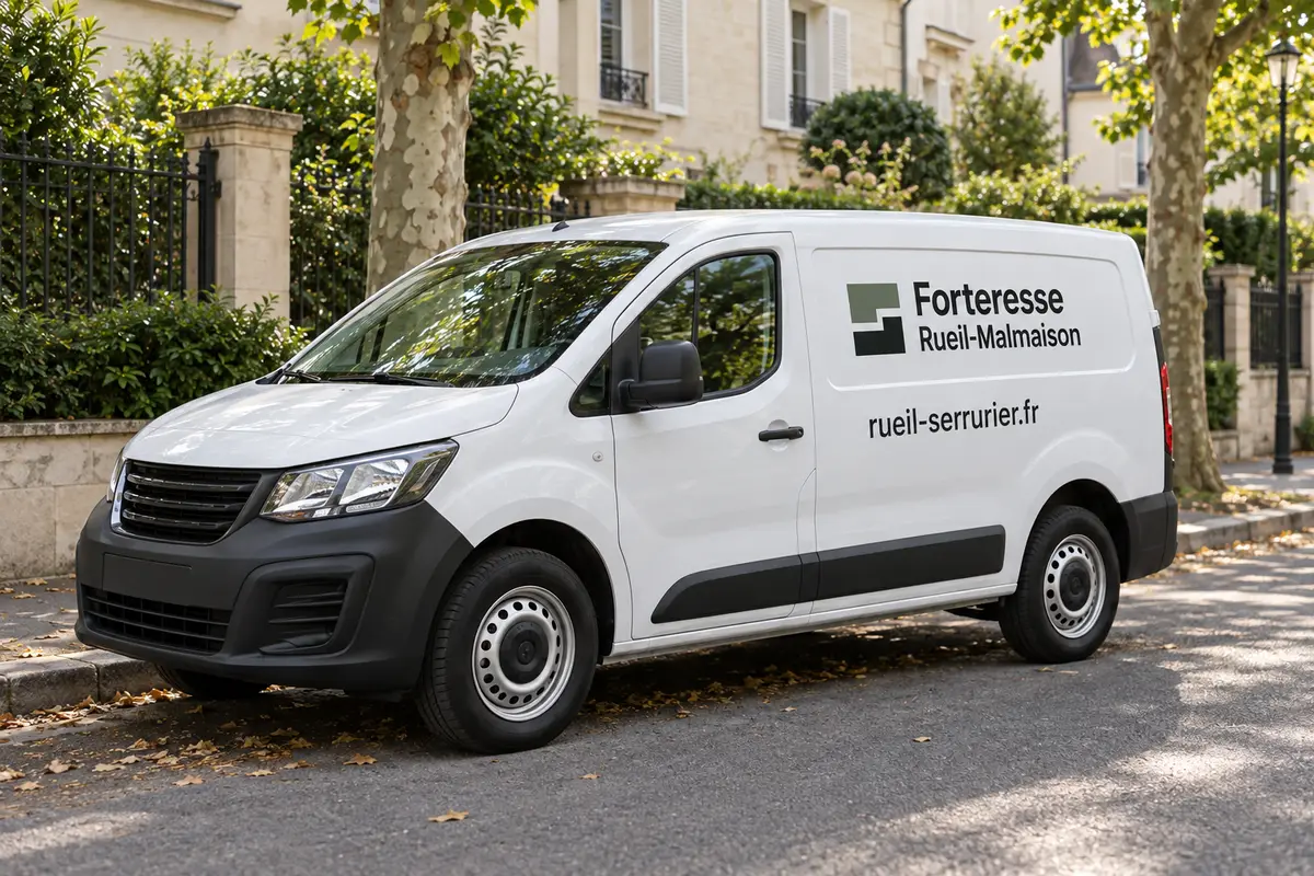 Camionnette d'intervention Forteresse Rueil-Malmaison garée dans une rue résidentielle, inscription rueil-serrurier.fr