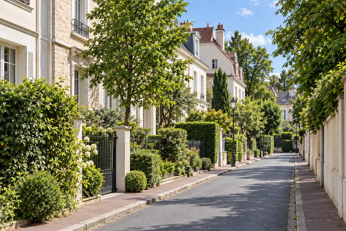 Rue résidentielle calme de Rueil-Malmaison bordée de maisons en pierre claire et de jardins